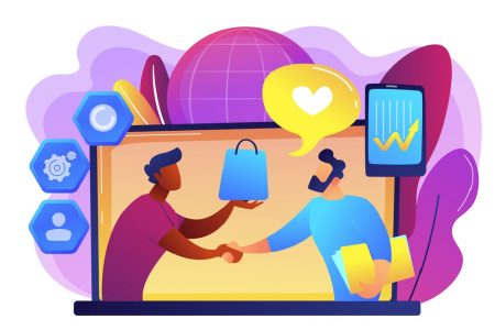 Manager shakes hands with customer, strategy for interactions with client. Customer relationship management, CRM system, CRM lead management concept. Bright vibrant violet vector isolated illustration